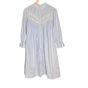 Vintage Laura Adams Housedress Housecoat Blue Cotton Lace Trim Gown Large